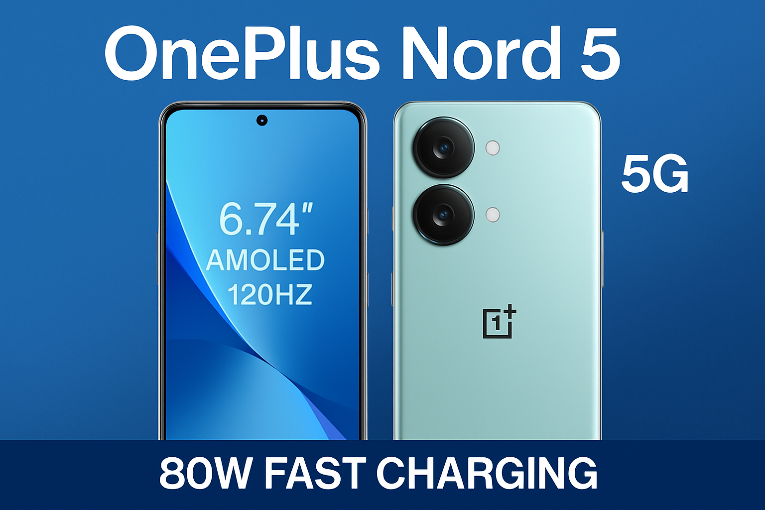 OnePlus Nord 5 showing AMOLED display and rear camera design – sleek black model against tech-themed background