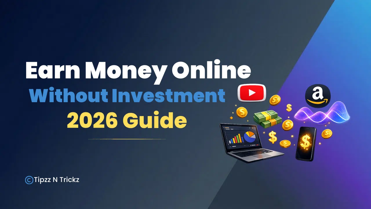 TipzzNtrickz featured image with bold title ‘5 Proven Ways to Earn Money Online Without Investment in 2025’ on orange background with fire emoji for emphasis