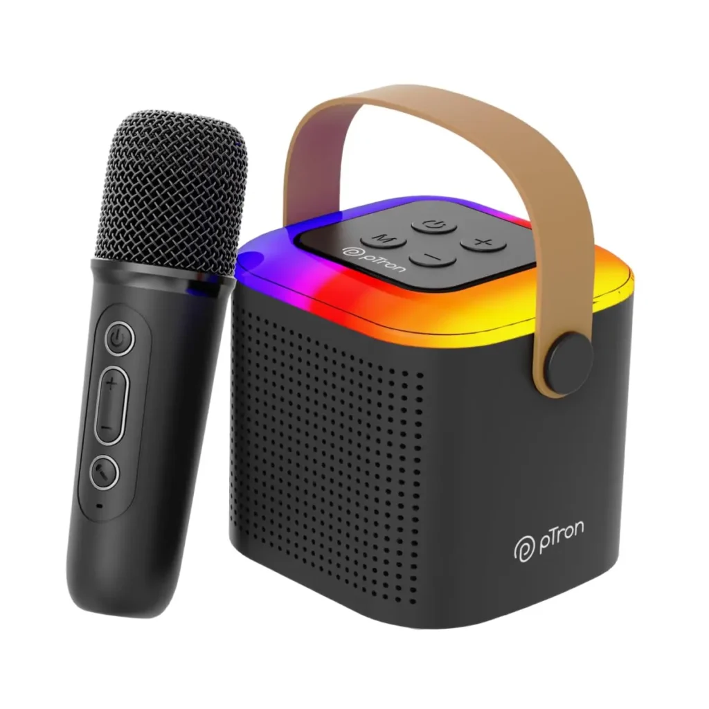 pTron Fusion Tunes mini speaker with wireless karaoke mic.