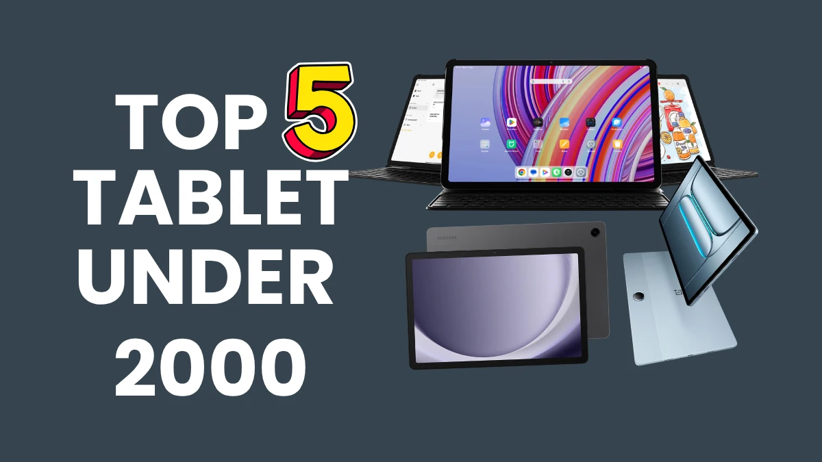 A collage featuring five of the best tablets under 20000 available in India for 2025, showcasing models from different brands on a stylized background.