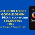Jio users get free Google Gemini Pro AI Plan worth ₹35,100 with Gemini app and Jio logo on blue background