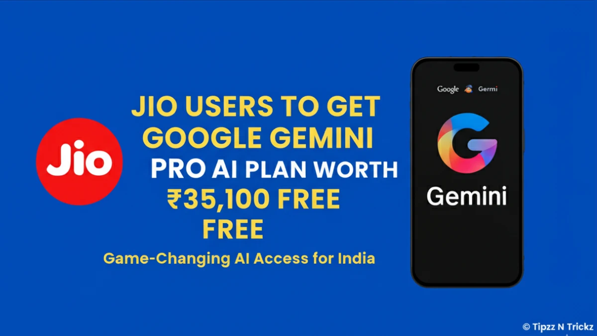 Jio users get free Google Gemini Pro AI Plan worth ₹35,100 with Gemini app and Jio logo on blue background