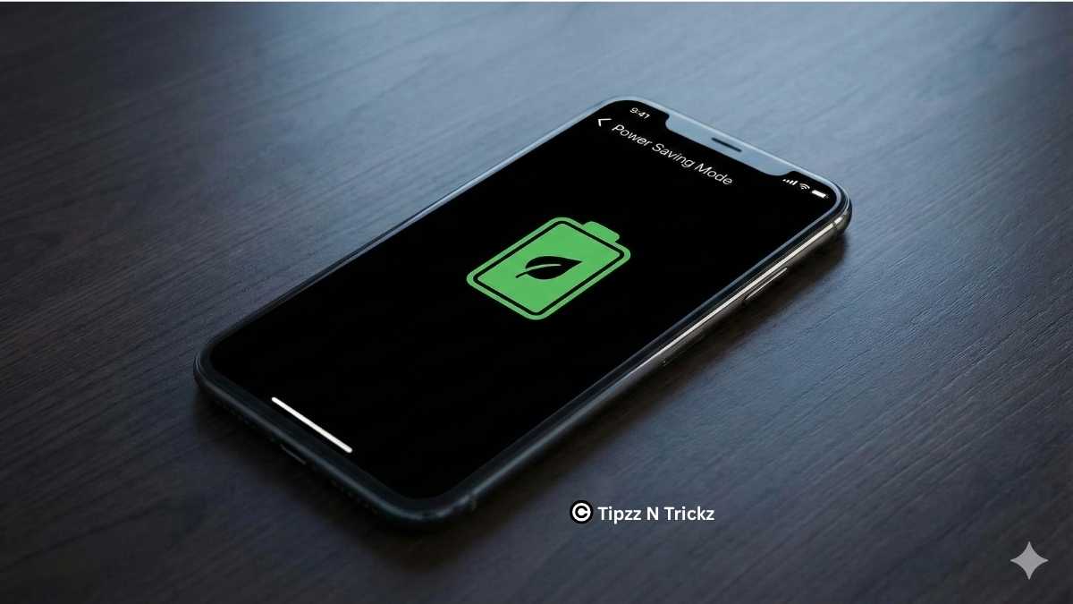 Smartphone screen displaying dark mode with a green power-saving leaf icon to increase Android battery life.