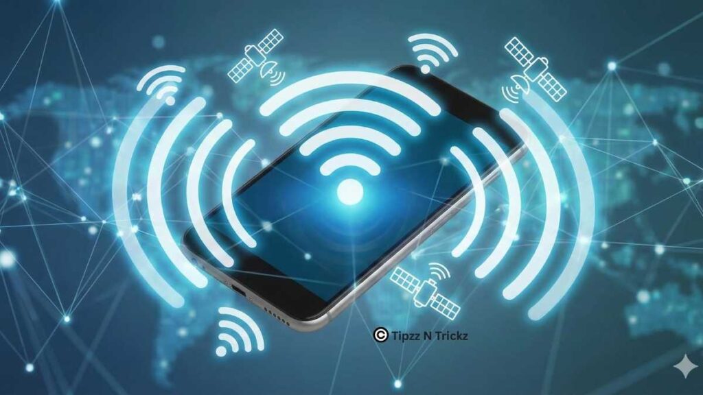 Illustration of a smartphone constantly scanning for Wi-Fi and Bluetooth signals which drains battery.