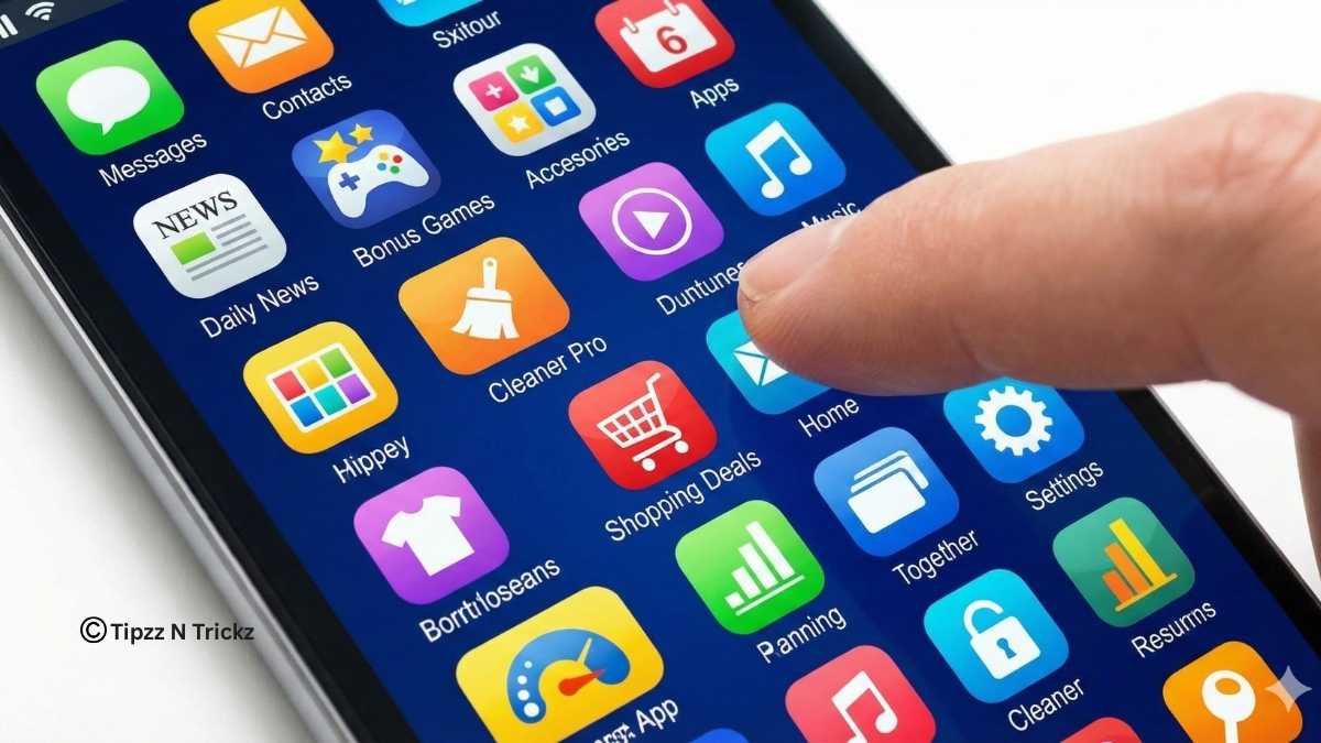 Finger selecting unused bloatware apps on a cluttered Android screen to uninstall them and save power.