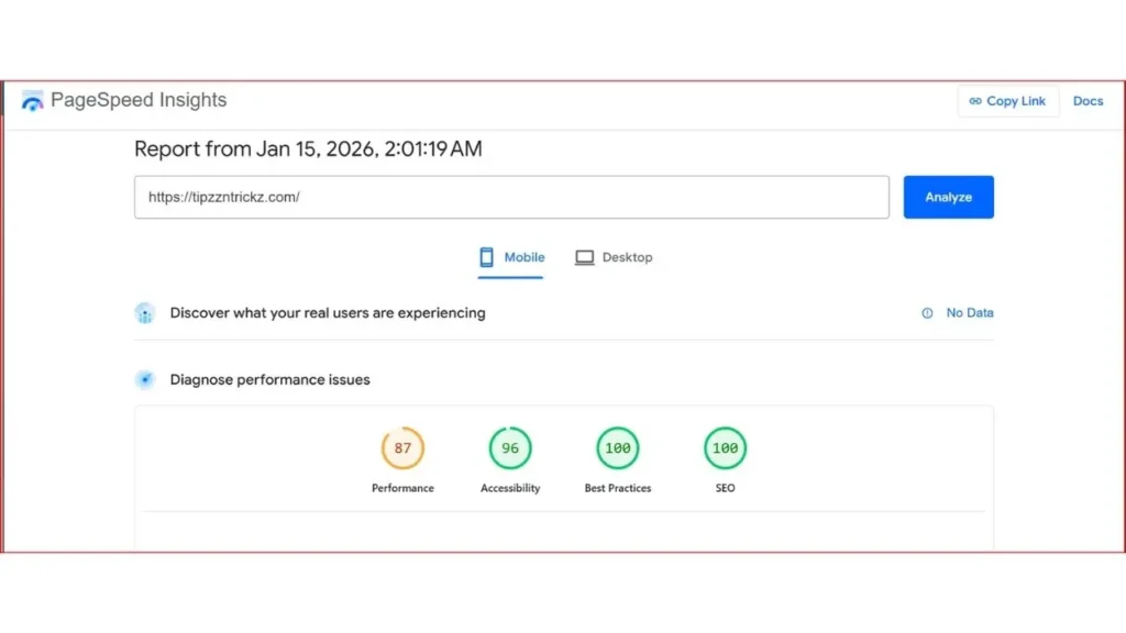 PageSpeed Insights mobile score 87 proof