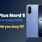 OnePlus Nord 5 showing AMOLED display and rear camera design – sleek black model against tech-themed background