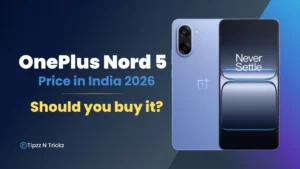 OnePlus Nord 5 showing AMOLED display and rear camera design – sleek black model against tech-themed background
