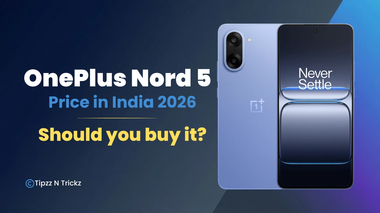 OnePlus Nord 5 showing AMOLED display and rear camera design – sleek black model against tech-themed background